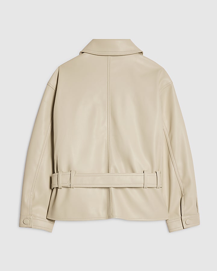 Girls Cream Faux Leather Belted Jacket