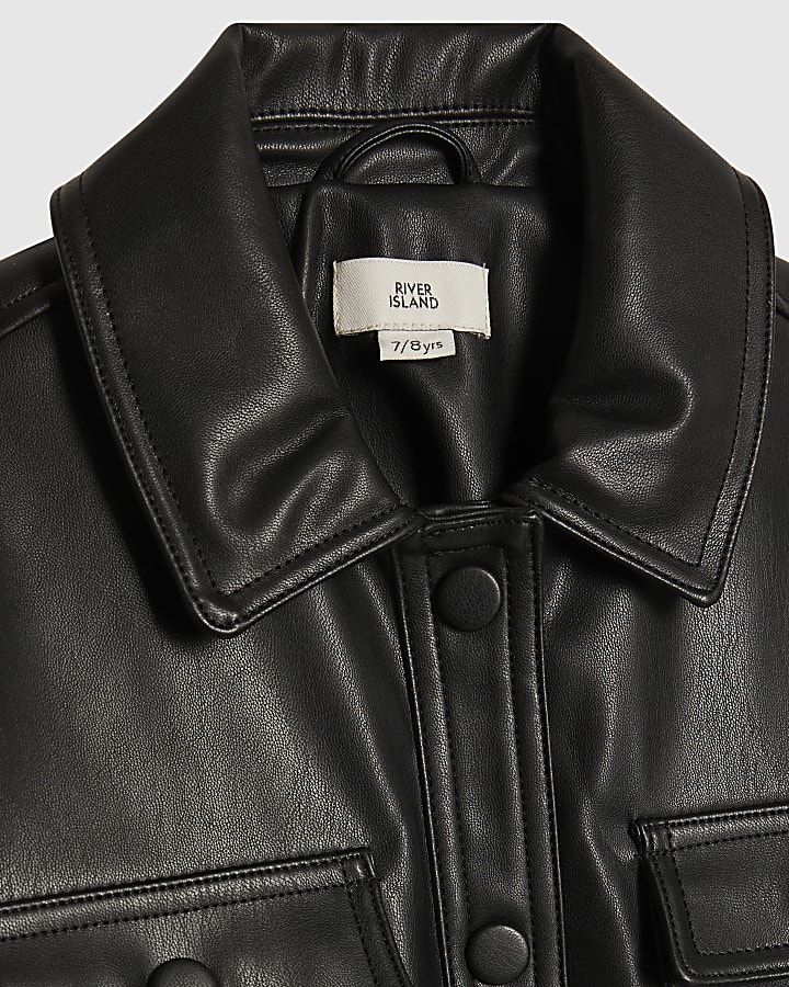 Girls Black Faux Leather Belted Jacket