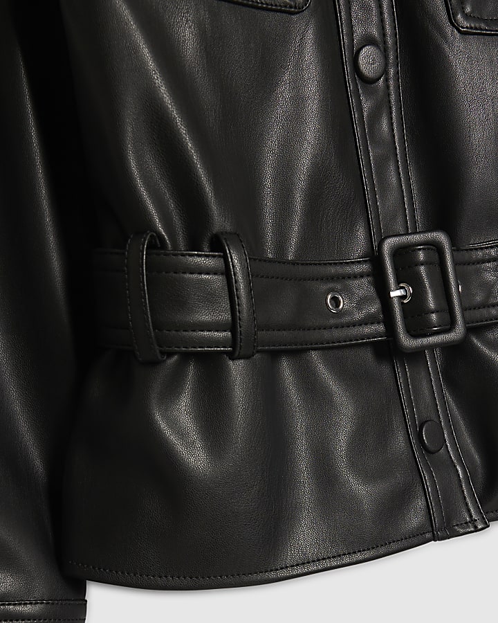 Girls Black Faux Leather Belted Jacket