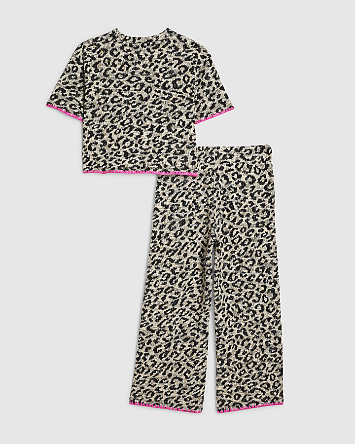 Girls Beige Leopard Whipstitch T-Shirt Set