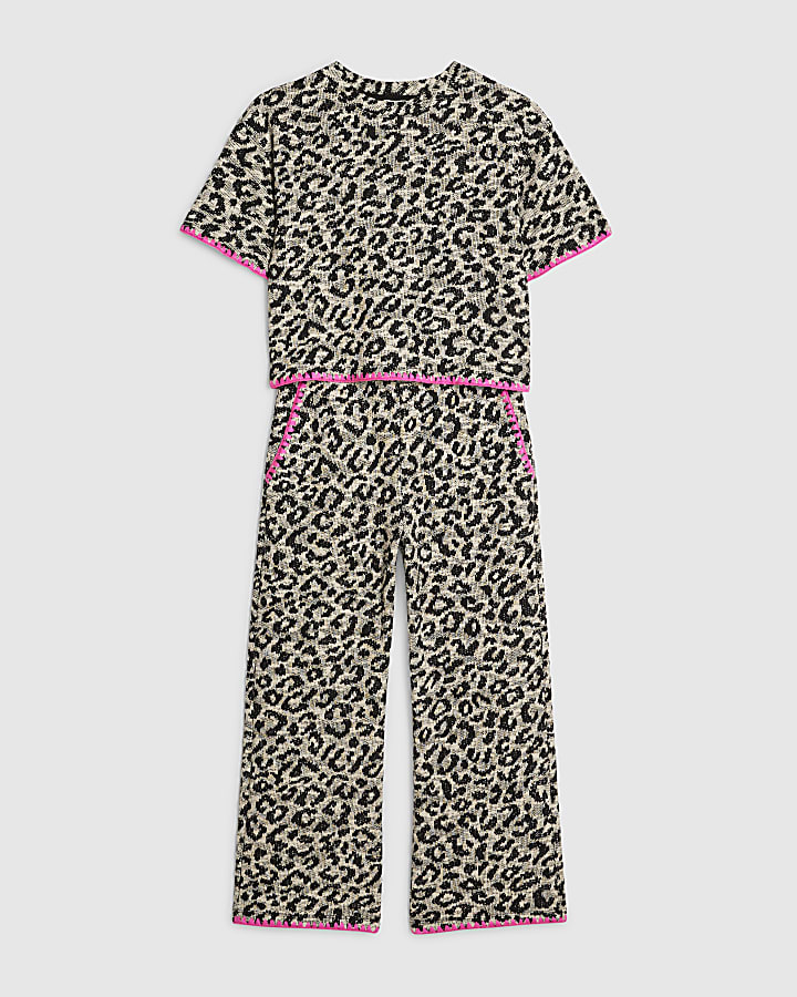 Girls Beige Leopard Whipstitch T-Shirt Set