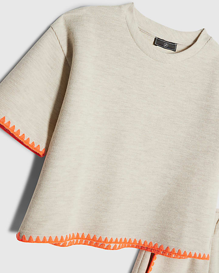 Girls Beige Whipstitch T-Shirt Set