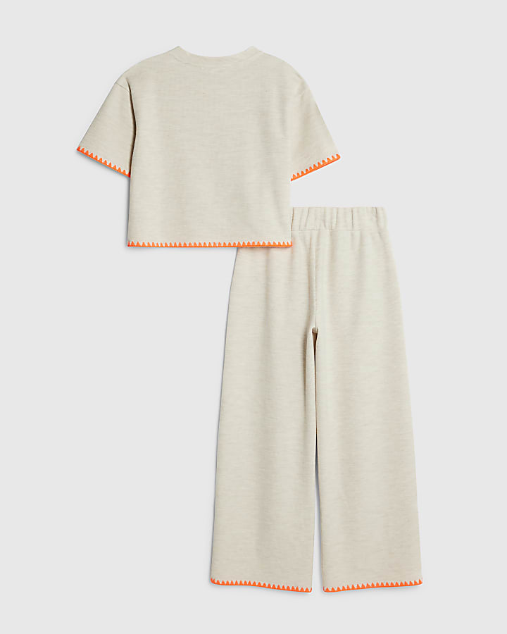Girls Beige Whipstitch T-Shirt Set