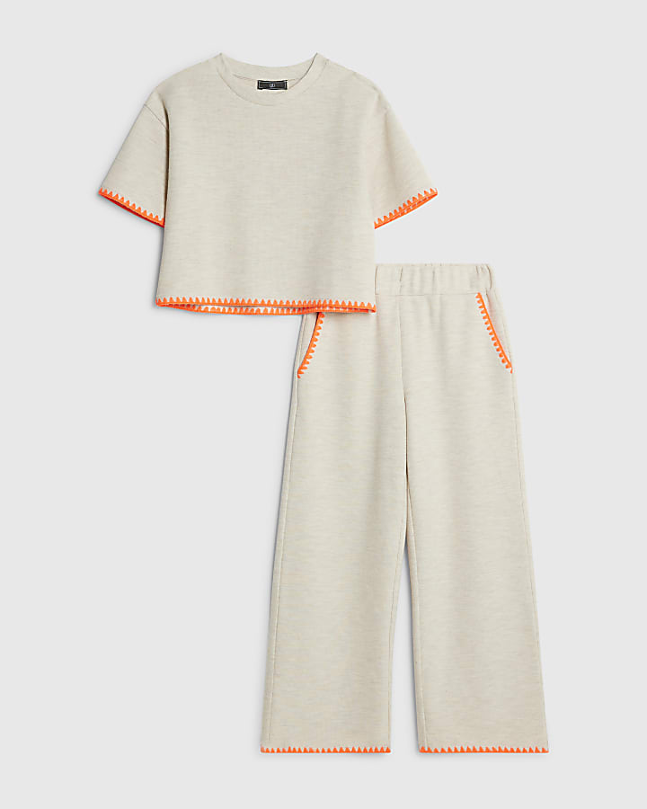 Girls Beige Whipstitch T-Shirt Set