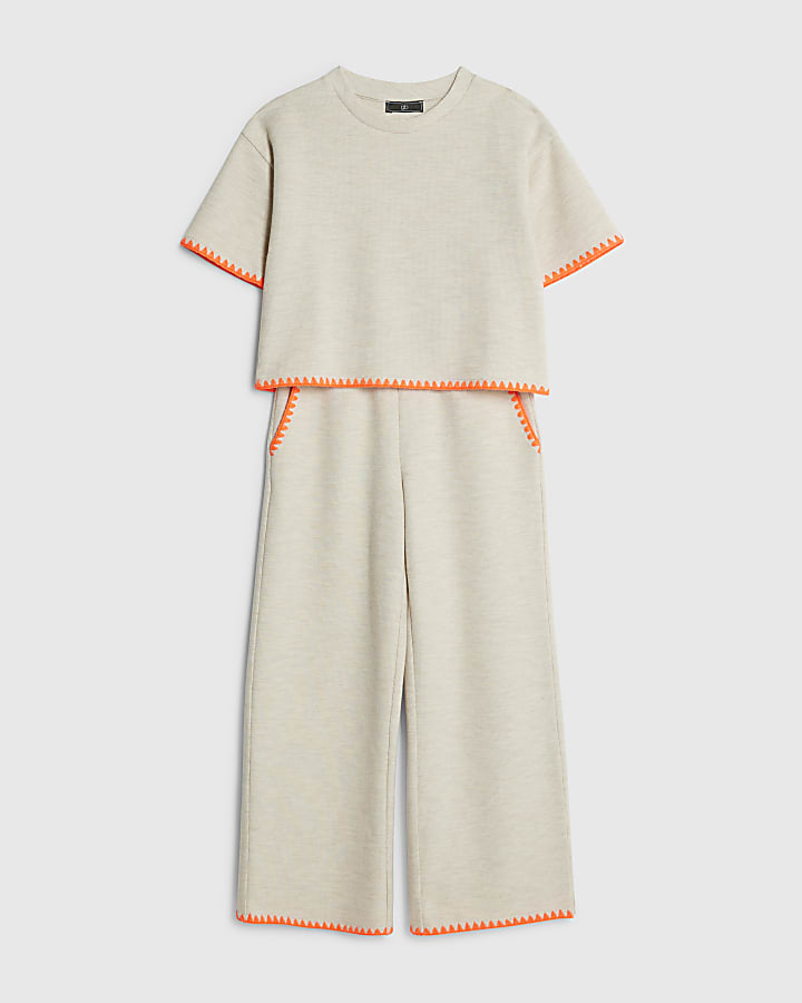 Girls Beige Whipstitch T-Shirt Set