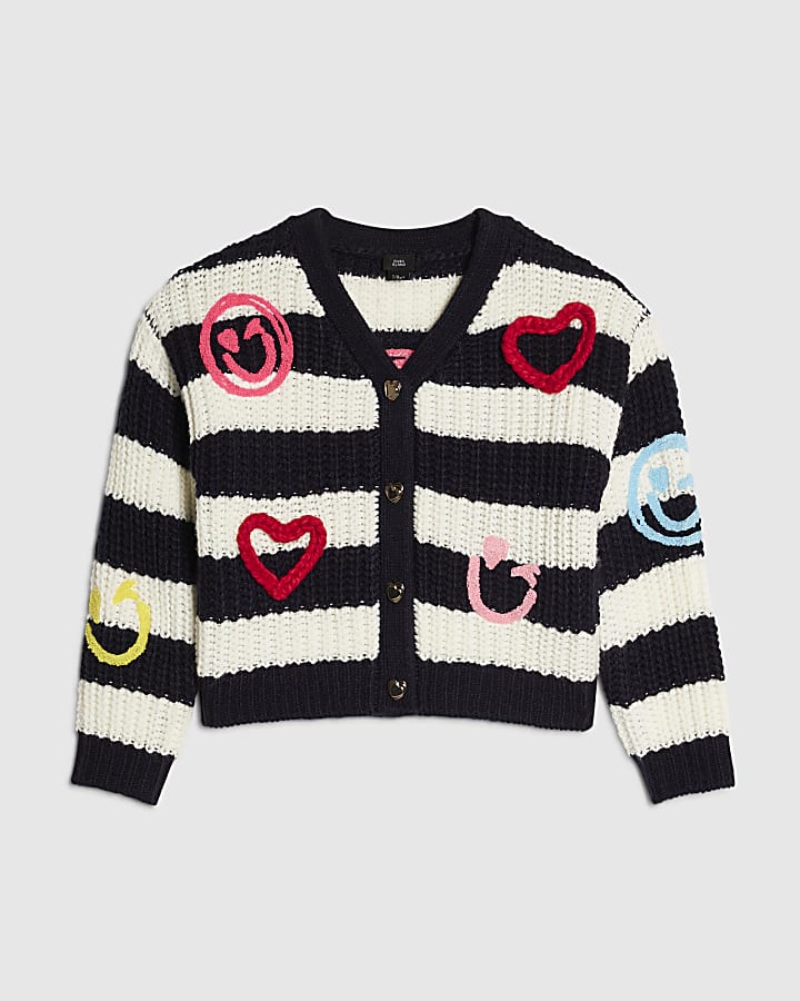 Girls Navy Stripe Smile Cardigan