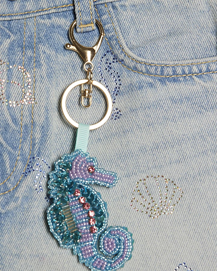 Girls Blue Seahorse Embellished Denim Shorts