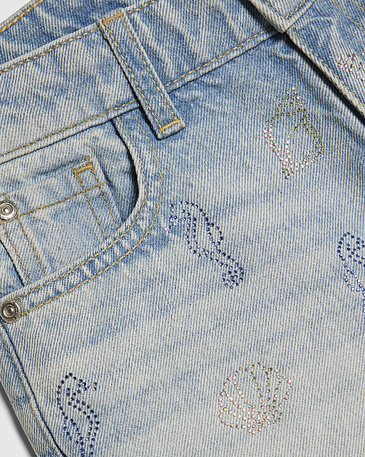 Girls Blue Seahorse Embellished Denim Shorts