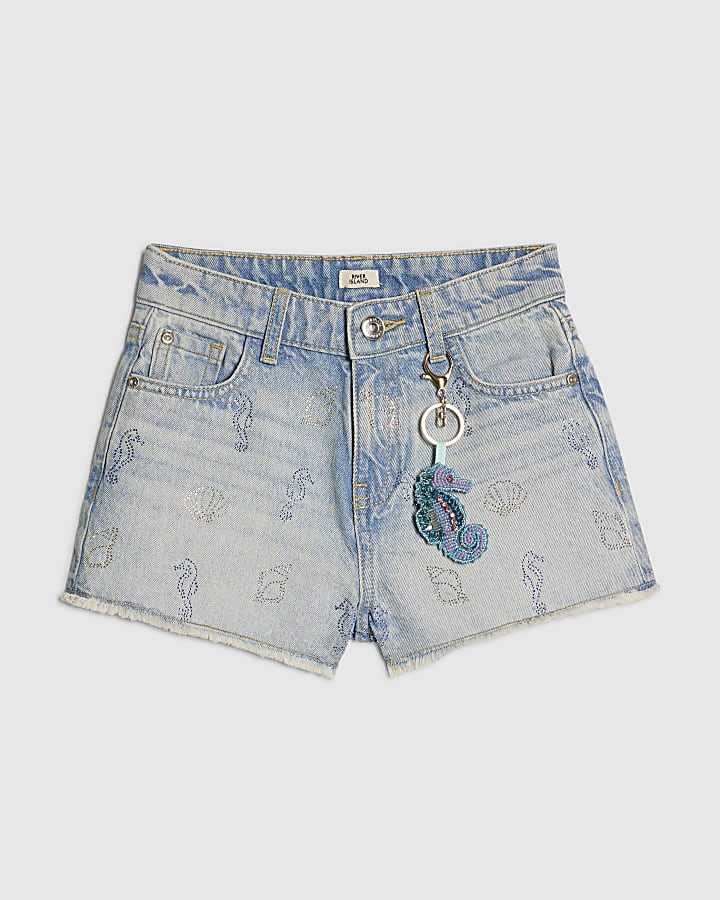 Girls Blue Seahorse Embellished Denim Shorts