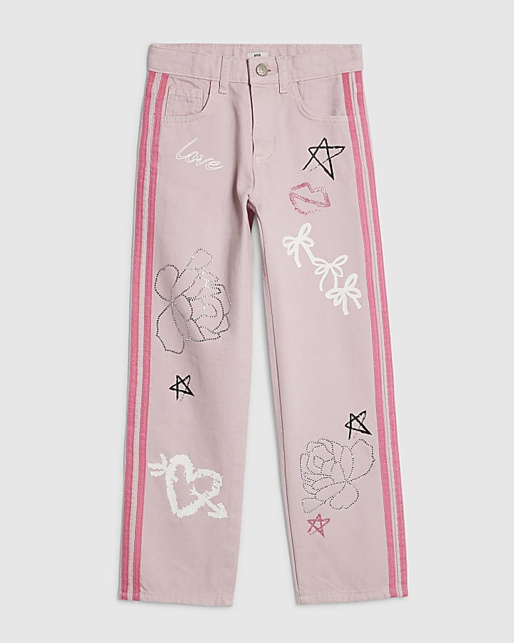 Girls Pink Graffiti Straight Jeans