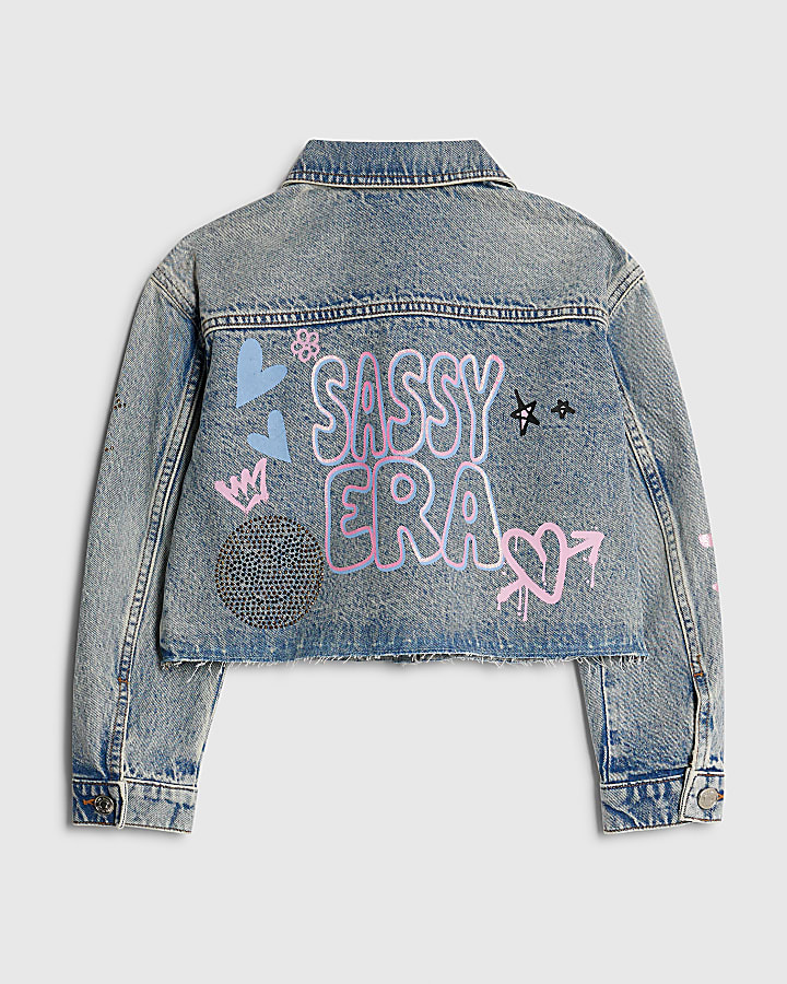 Girls Blue Sassy Era Embellished Denim Jacket