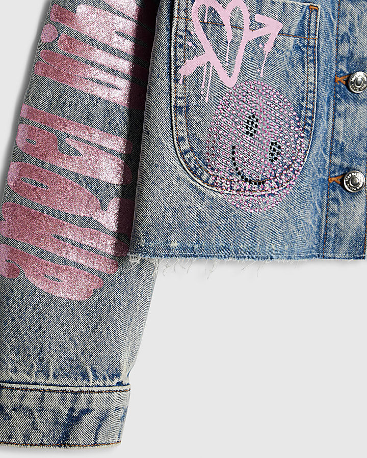Girls Blue Sassy Era Embellished Denim Jacket