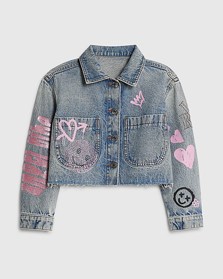 Girls Blue Sassy Era Embellished Denim Jacket