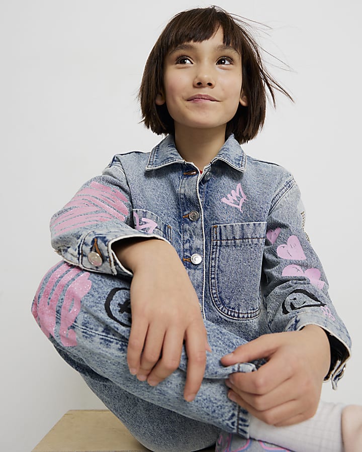 Girls Blue Sassy Era Embellished Denim Jacket
