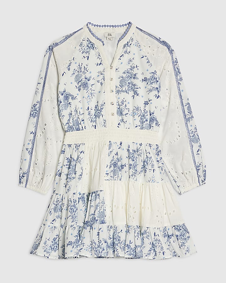 Girls Blue Patchwork Shirt Dress