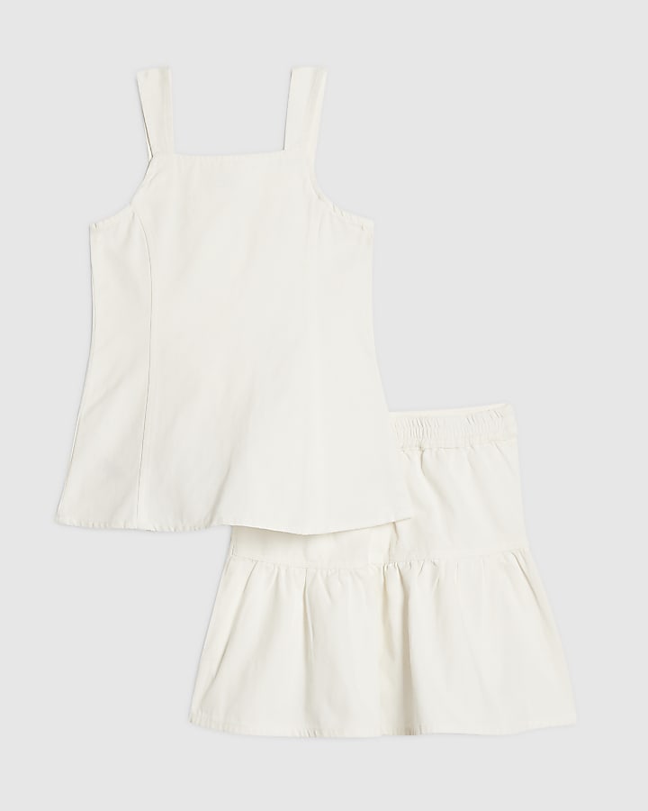 Girls White Pearl Waistcoat And Skirt Set