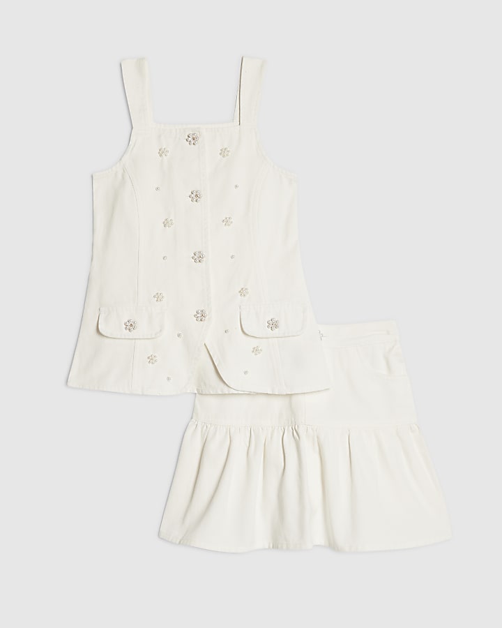Girls White Pearl Waistcoat And Skirt Set