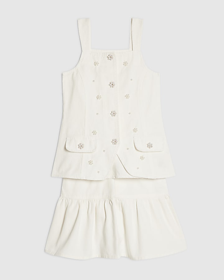 Girls White Pearl Waistcoat And Skirt Set