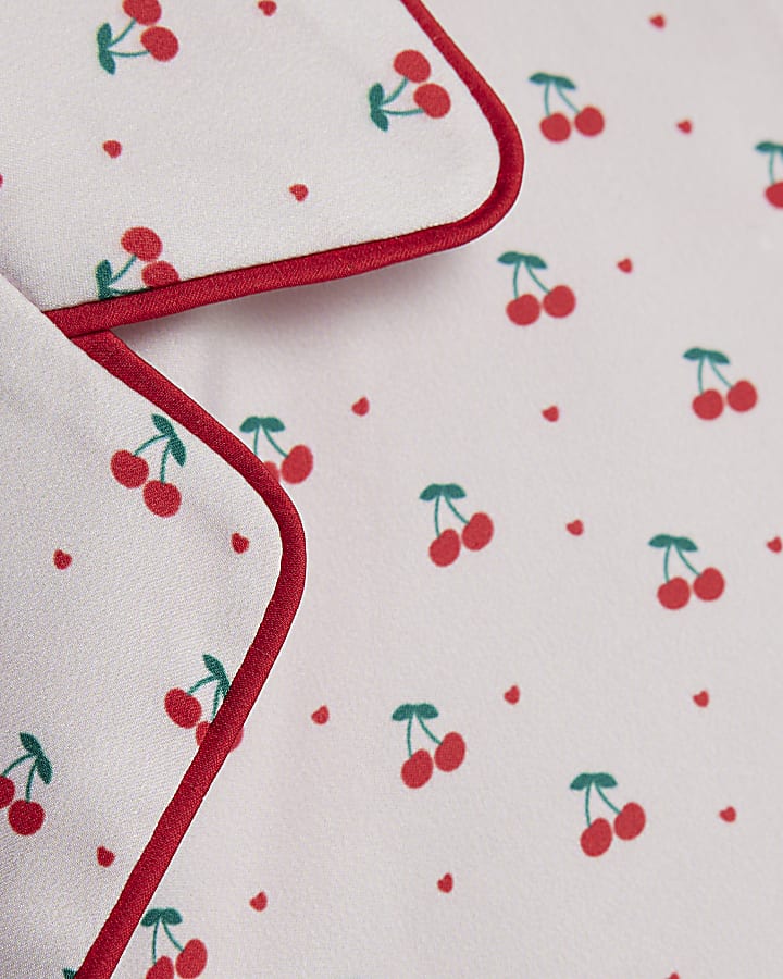 Girls Cream Cherry Satin Pyjamas Set