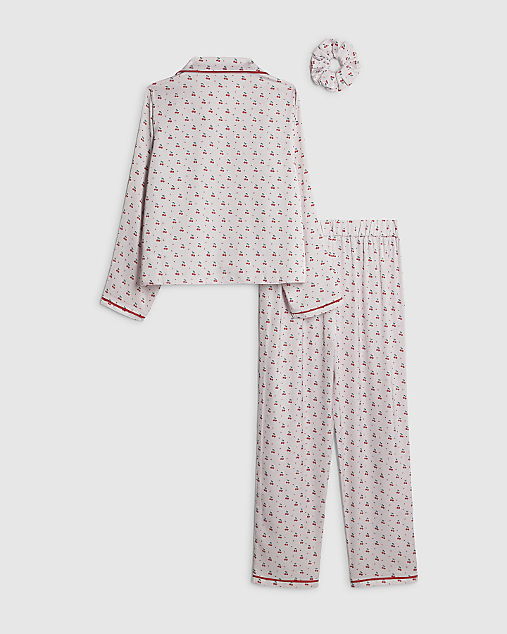 Girls Cream Cherry Satin Pyjamas Set