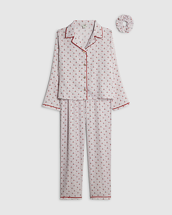 Girls Cream Cherry Satin Pyjamas Set