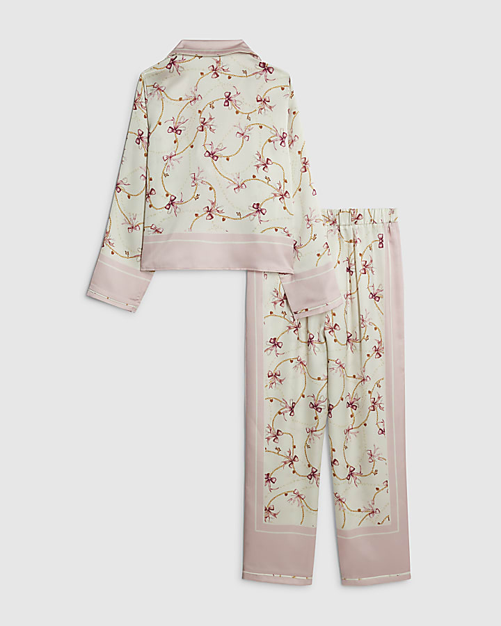Girls Cream Bow Chain Satin Pyjamas Set