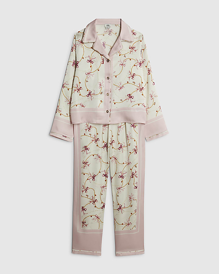 Girls Cream Bow Chain Satin Pyjamas Set