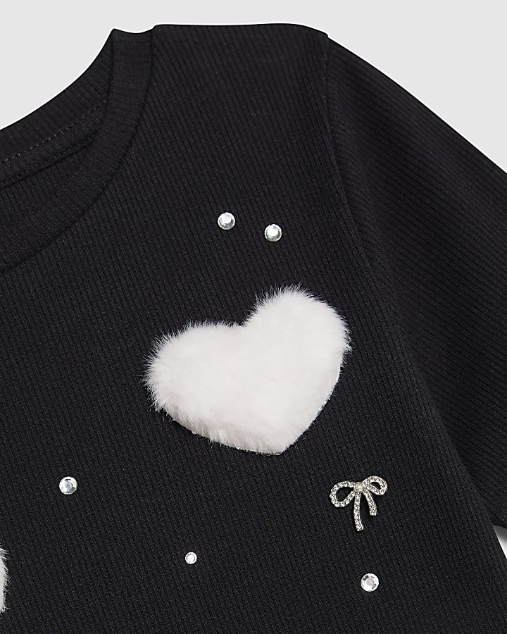 Girls Black Ribbed Faux Fur Heart T-Shirt