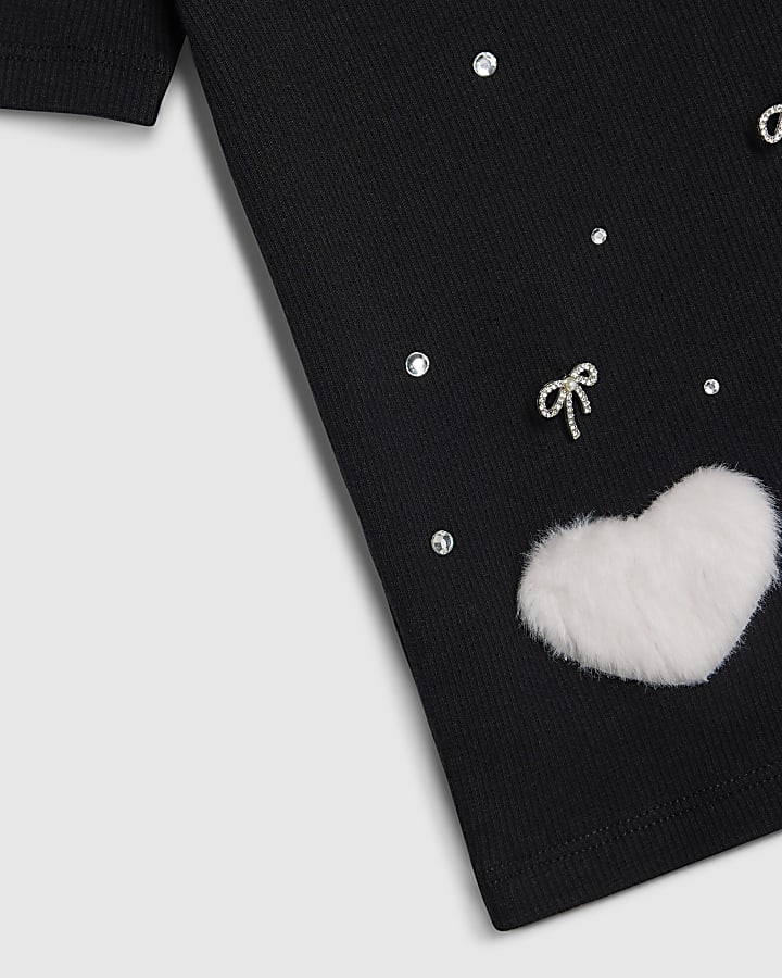 Girls Black Ribbed Faux Fur Heart T-Shirt
