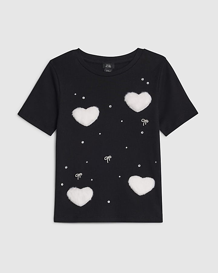Girls Black Ribbed Faux Fur Heart T-Shirt