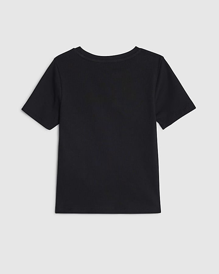 Girls Black Ribbed Faux Fur Heart T-Shirt