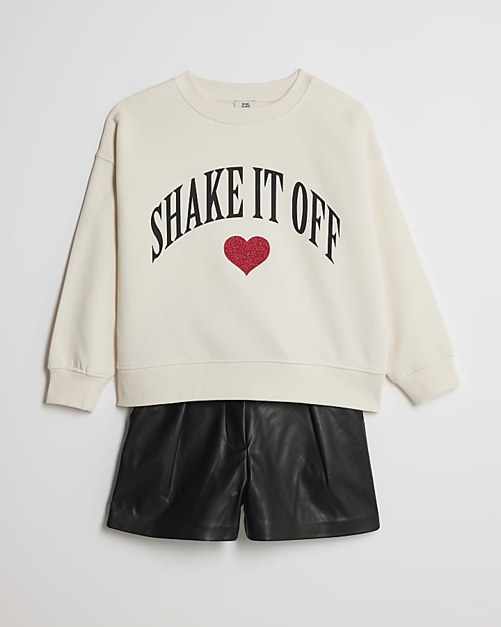 Girls White Glitter Heart Sweatshirt Set