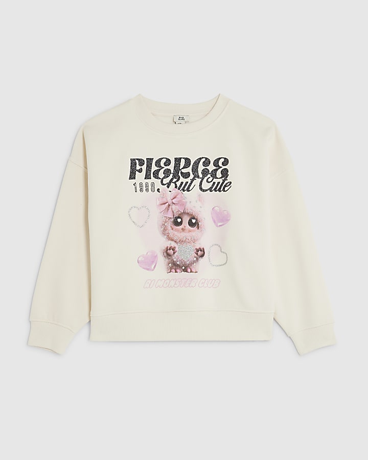 Girls Cream Fierce Cute Monster Sweatshirt