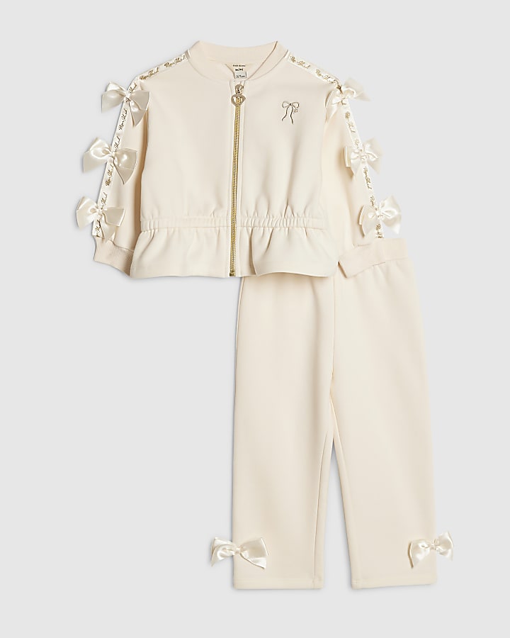 Mini Girls Cream Bow Cinched Sweatshirt Set