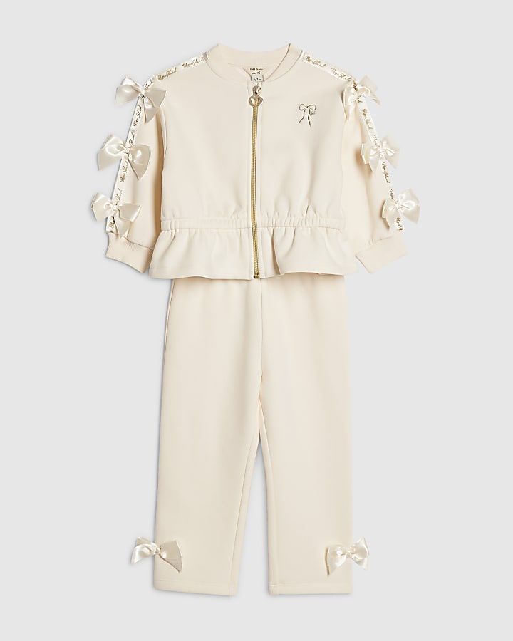 Mini Girls Cream Bow Cinched Sweatshirt Set