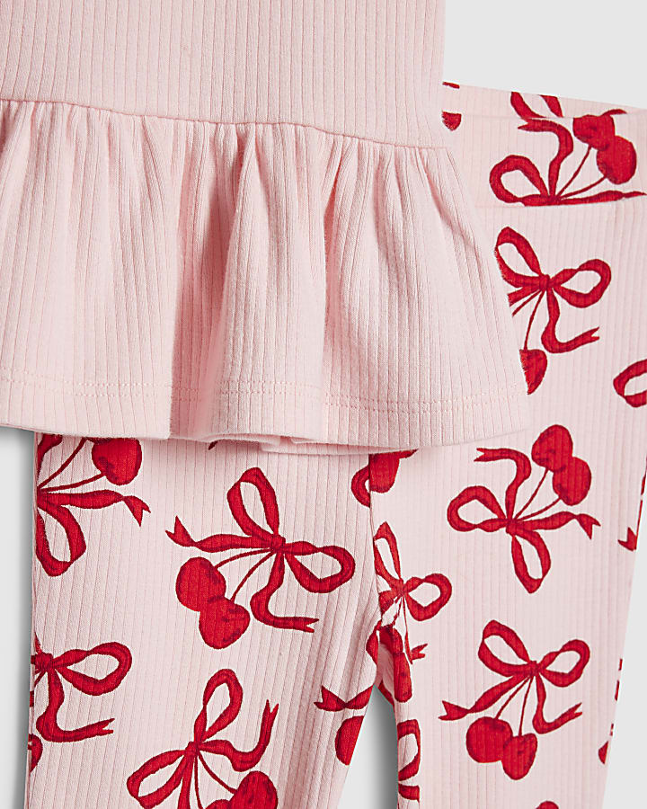 Mini Girls Pink Cherry Bow Leggings Set