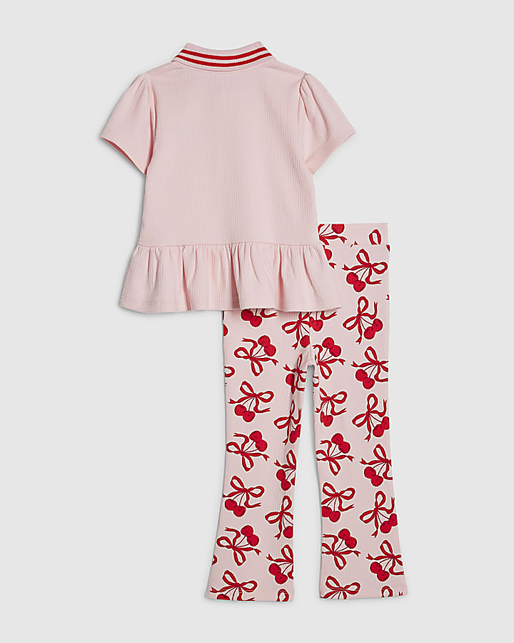Mini Girls Pink Cherry Bow Leggings Set