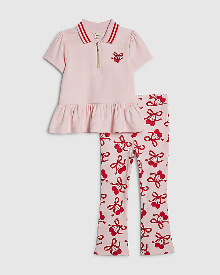 Mini Girls Pink Cherry Bow Leggings Set