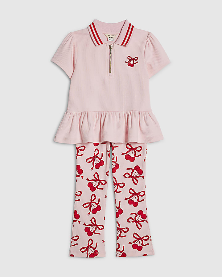 Mini Girls Pink Cherry Bow Leggings Set