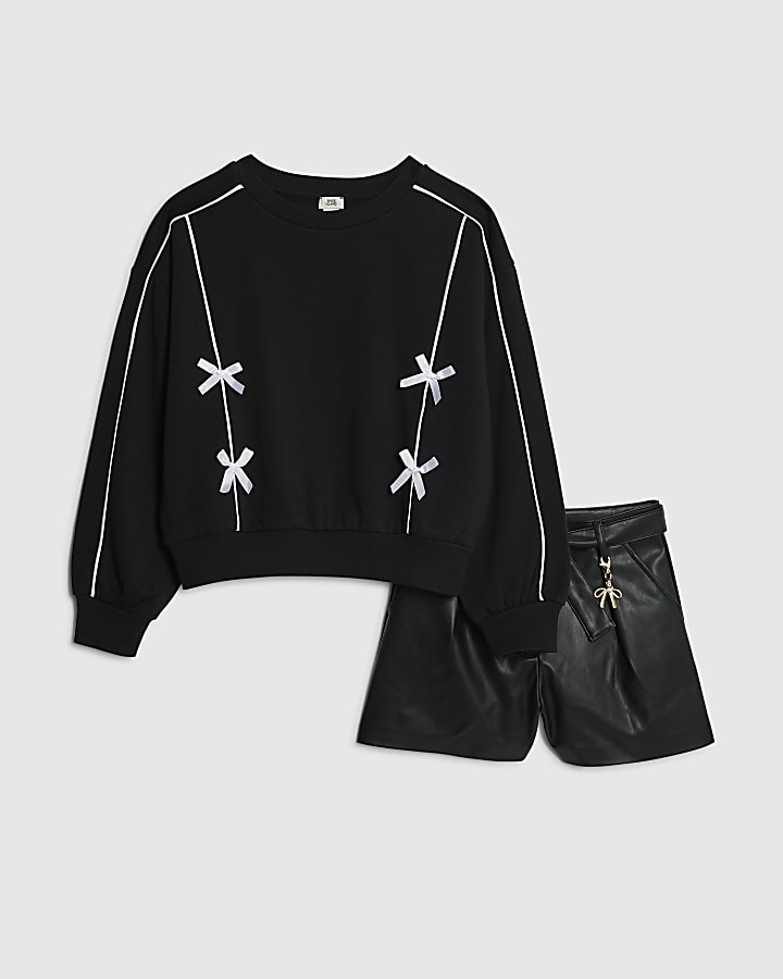 Girls Black Bow Sweatshirt Set