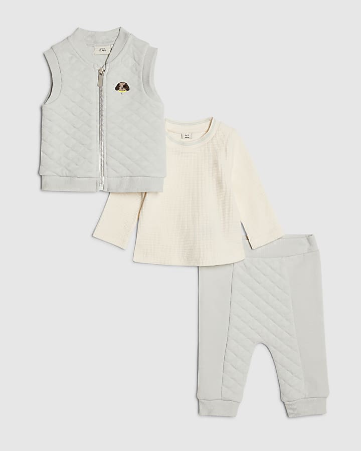 Baby Boys Blue Quilted 3 Piece Gilet Set