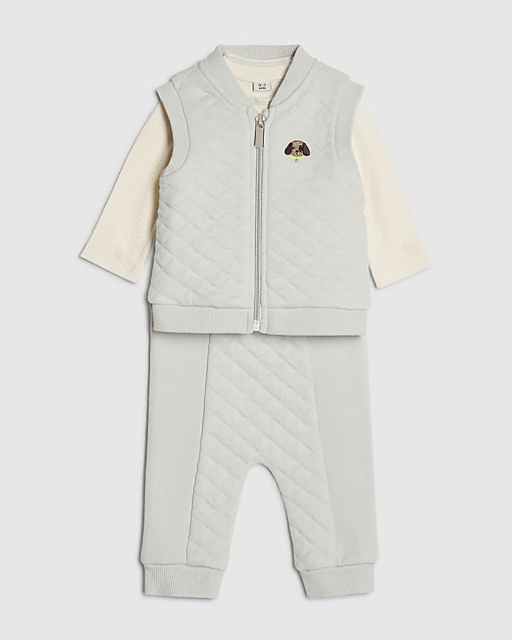 Baby Boys Blue Quilted 3 Piece Gilet Set