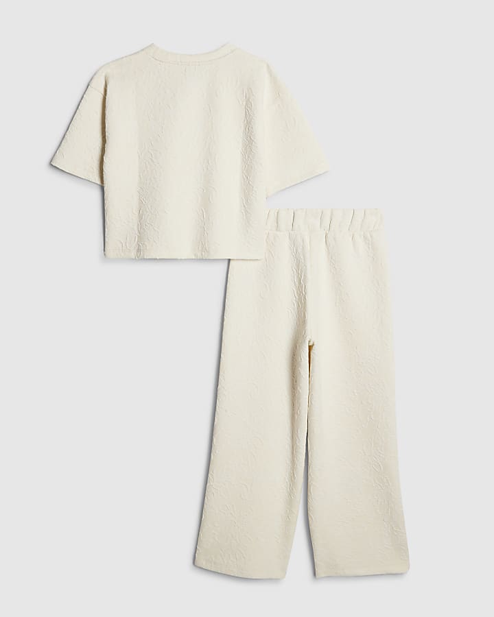 Girls Beige Floral Texture Top Set