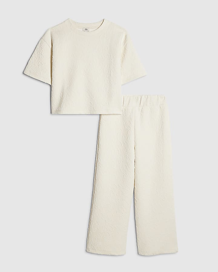 Girls Beige Floral Texture Top Set