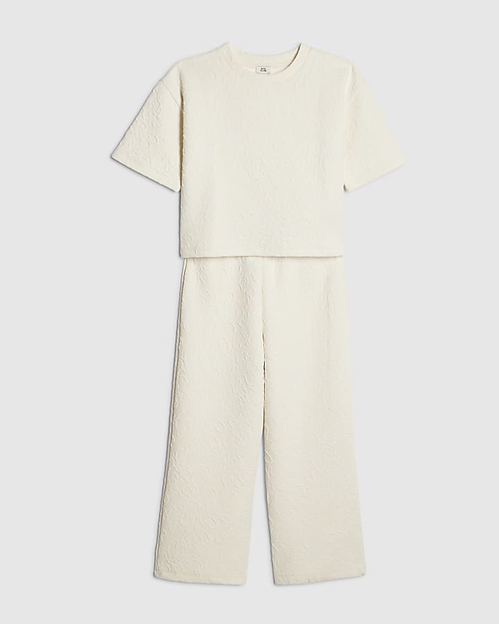 Girls Beige Floral Texture Top Set