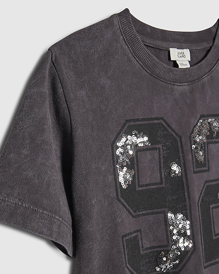 Girls Grey Floral Sequin 92 T-Shirt