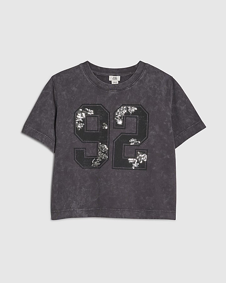 Girls Grey Floral Sequin 92 T-Shirt