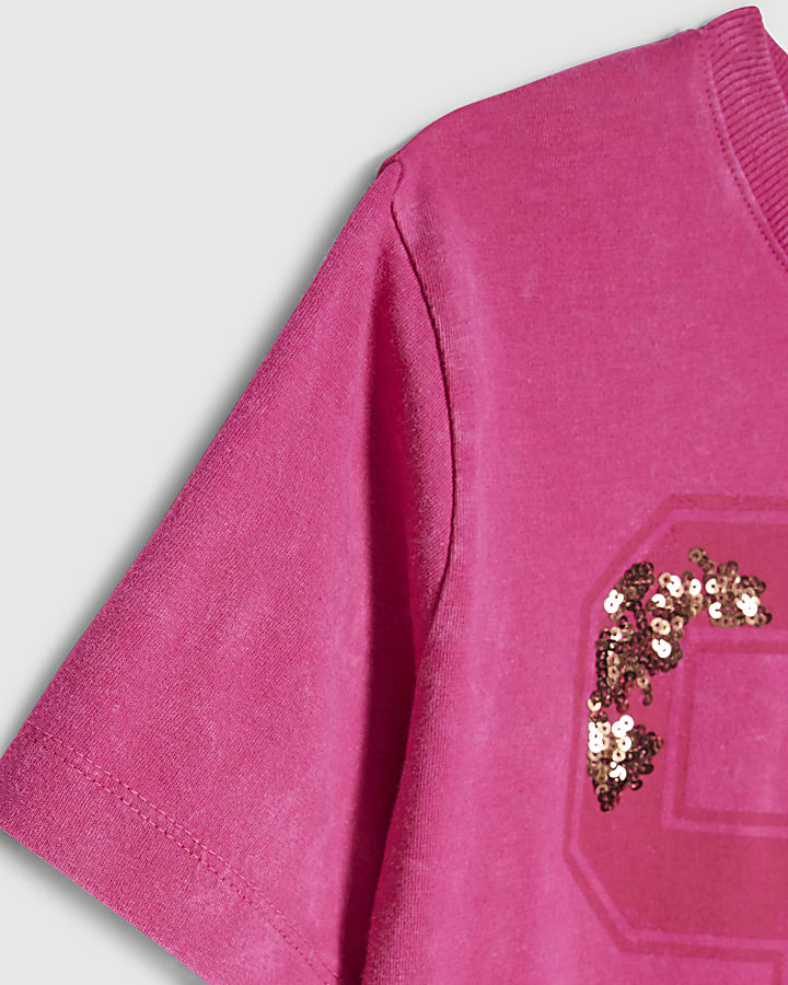 Girls Pink Floral Sequin 92 T-Shirt