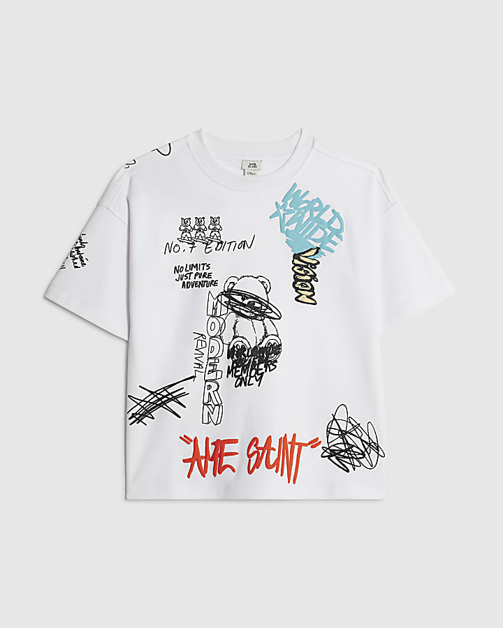 Boys White Graffiti Doodle Bear T-Shirt