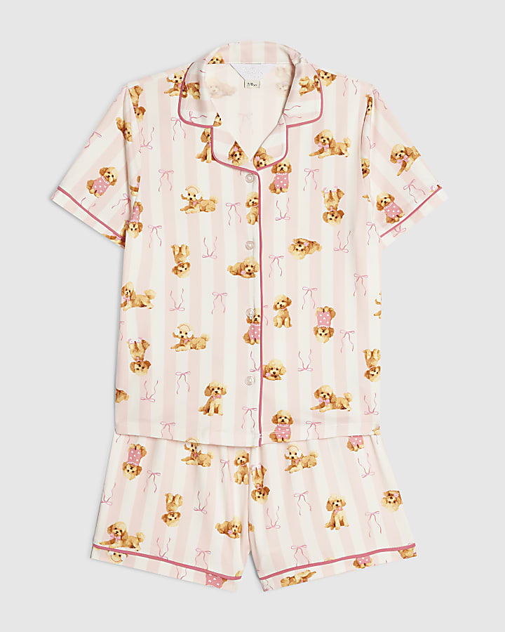 Girls Pink Puppy Button Through Pyjamas